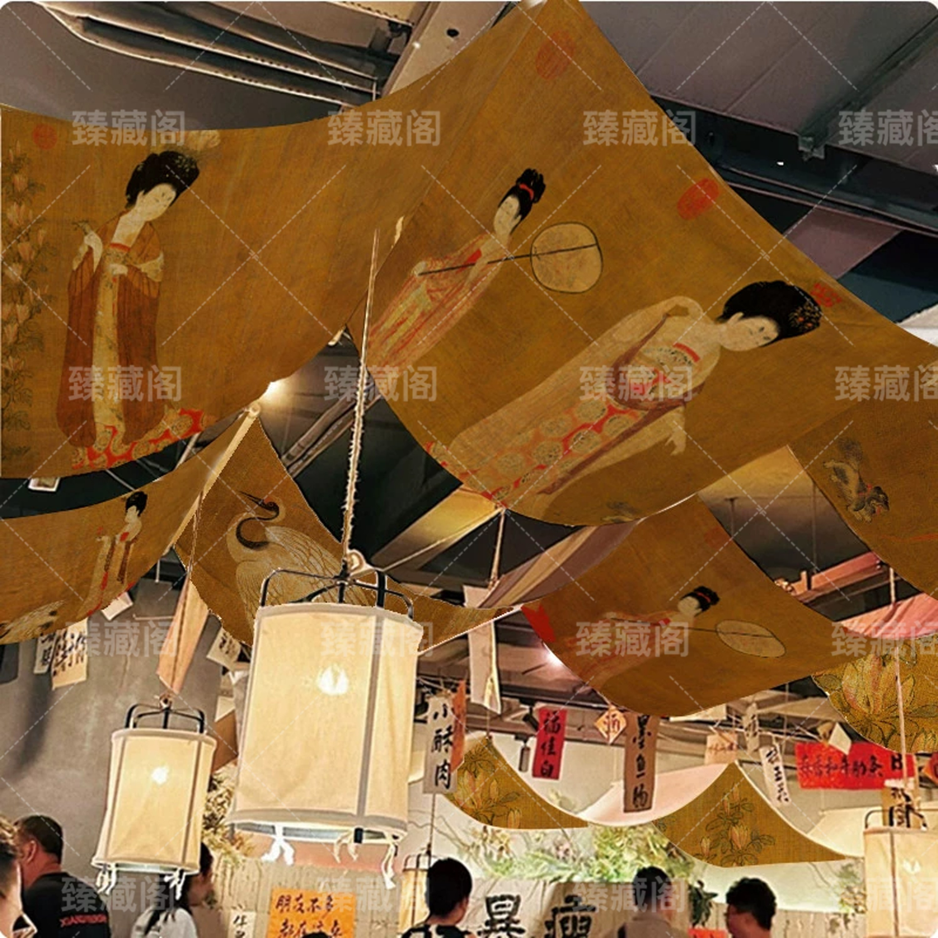 中国风天幕挂布场景装饰古风山水仕女图天花板餐厅吊顶装修天幕