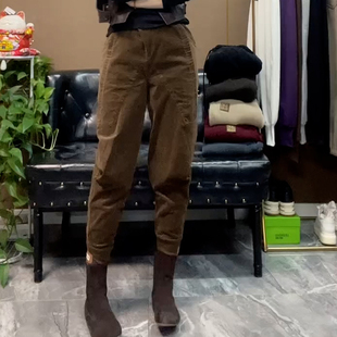 女高腰束脚休闲马丁裤 灯芯绒条绒哈伦裤 潮 新款 欧货2025冬季