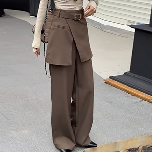 阔腿裤 拖地长裤 女冬季 高腰垂感遮肉时尚 新款 设计感假两件拼接西装