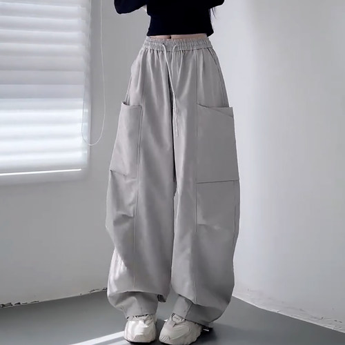 灰色慵懒风褶皱显瘦工装阔腿裤