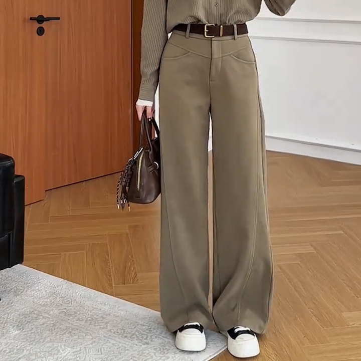 冬季女加绒保暖直筒阔腿西装裤