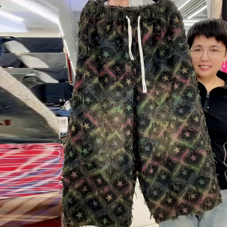 2026夏季新款韩版宽松个性时尚毛边做旧松紧腰老爹裤九分休闲裤女