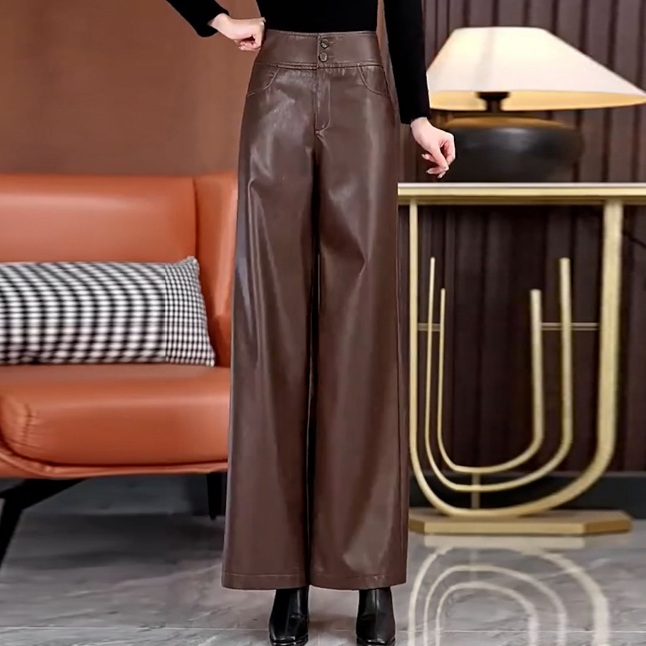 冬季女高腰显瘦窄版直筒阔腿皮裤