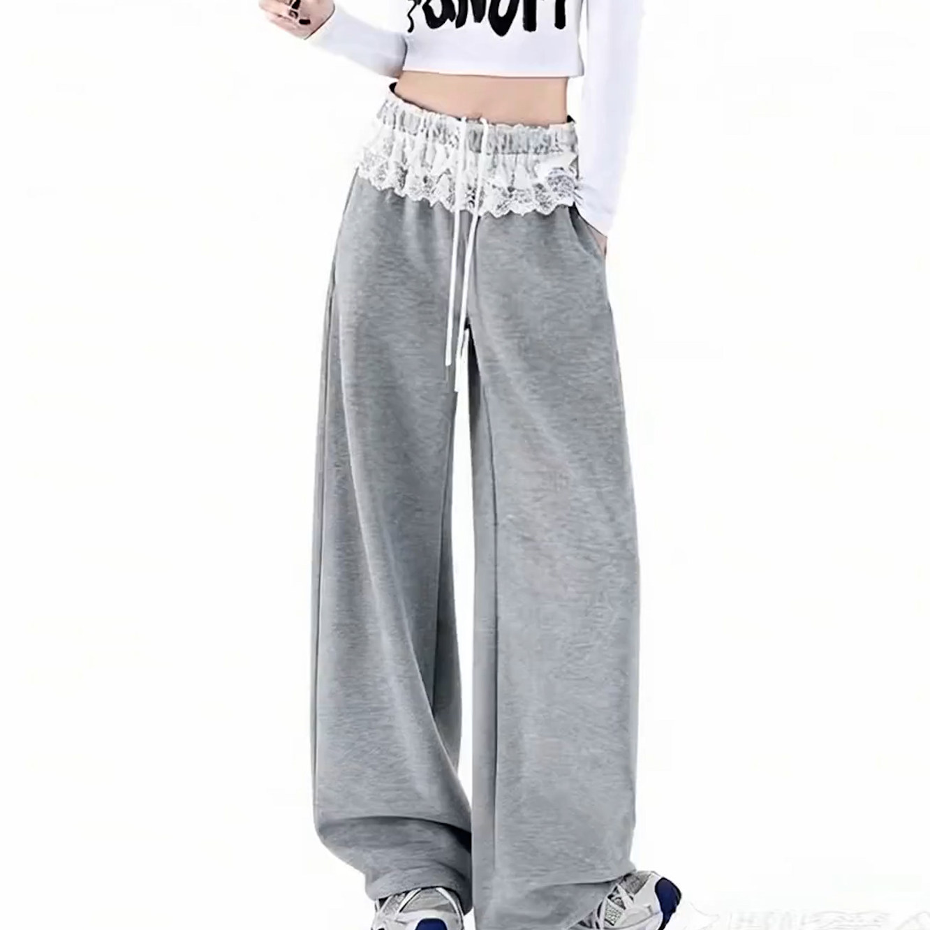 2026春季新款抽绳拼接蕾丝腰围休闲裤女宽松显瘦弯刀阔腿直筒裤