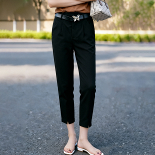 2026春夏季高腰显瘦休闲裤女小个子时尚百搭开叉黑色九分烟管西裤