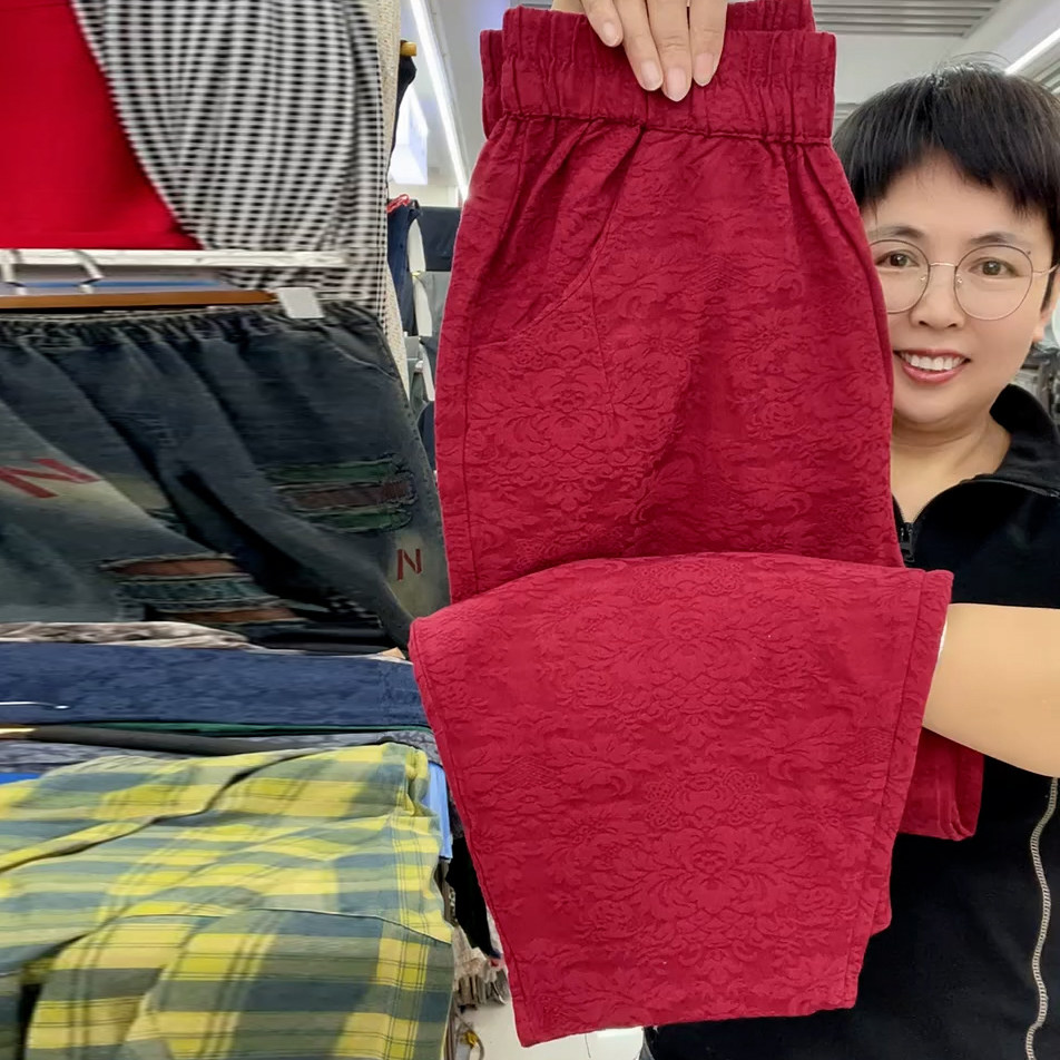 夏季薄款透气简约红色休闲裤女中年妈妈时尚减龄百搭九分哈伦裤