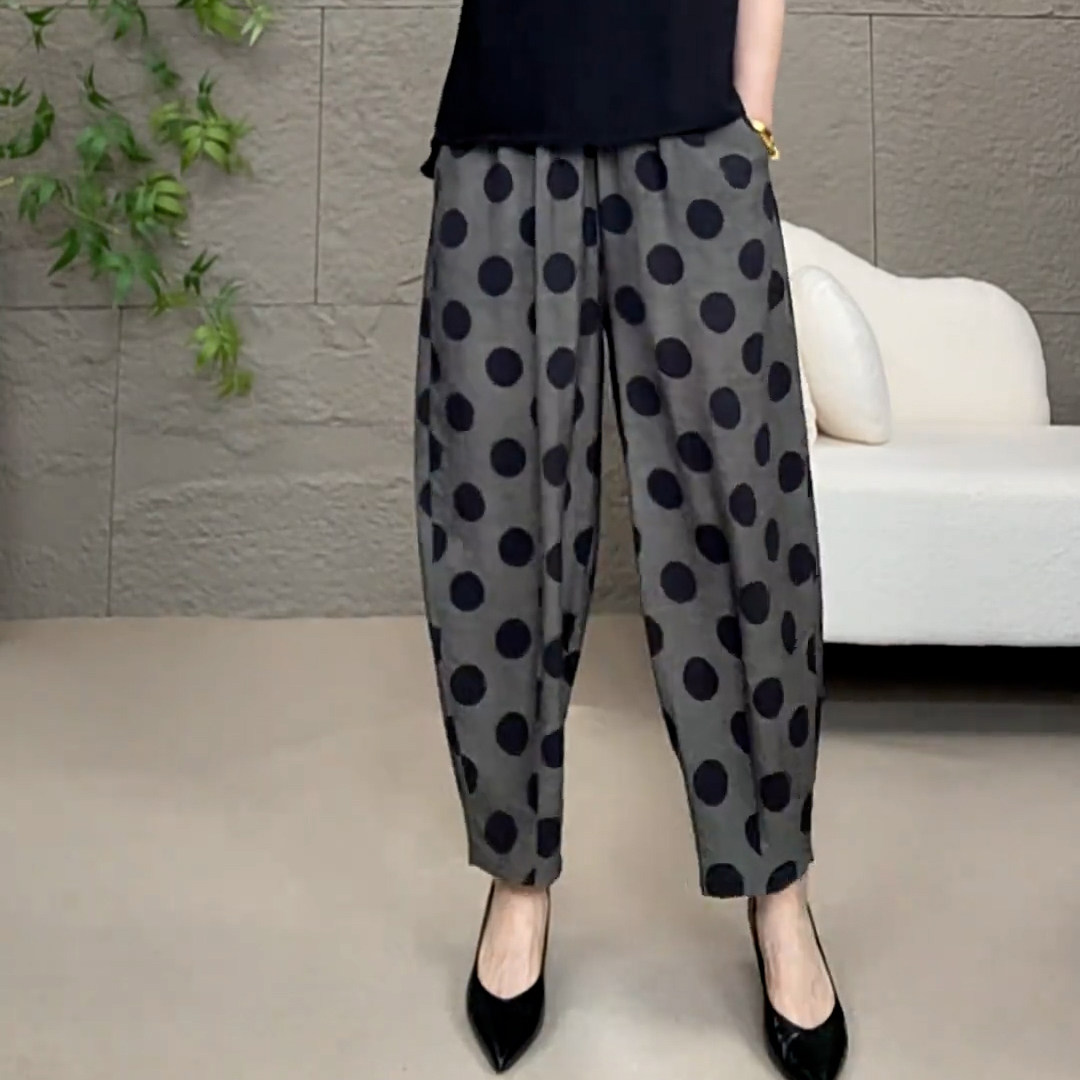 夏季薄款松紧高腰休闲透气宽松显瘦遮胯中年妈妈波点九分哈伦裤