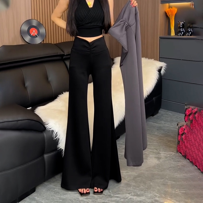 夏季韩版纯欲风高腰褶皱设计感紧身显瘦包臀休闲运动瑜伽喇叭裤