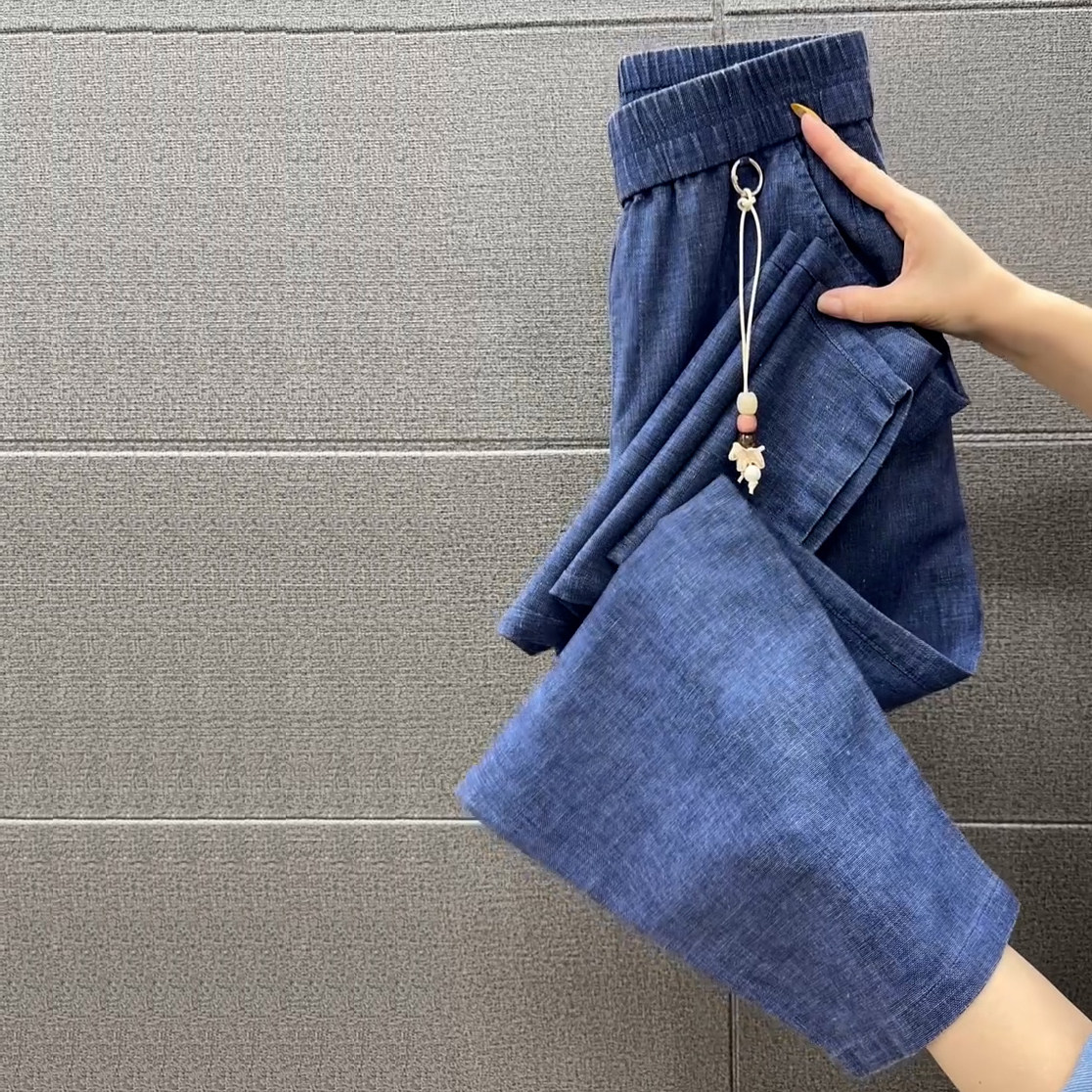 2026夏季薄款弹力透气简约亚麻休闲裤女中年妈妈显瘦九分哈伦裤