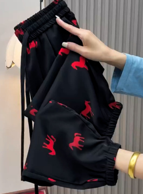 红色小马印花冰丝休闲裤女夏季薄款弹力透气小个子九分束脚凉凉裤