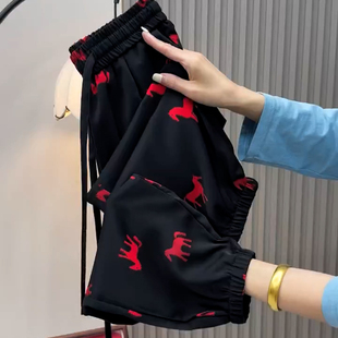 红色小马印花冰丝休闲裤女夏季薄款弹力透气小个子九分束脚凉凉裤