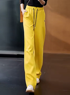 黄色窄版弯刀裤女2025年冬季新款松紧高腰垂感显瘦休闲阔腿卫裤