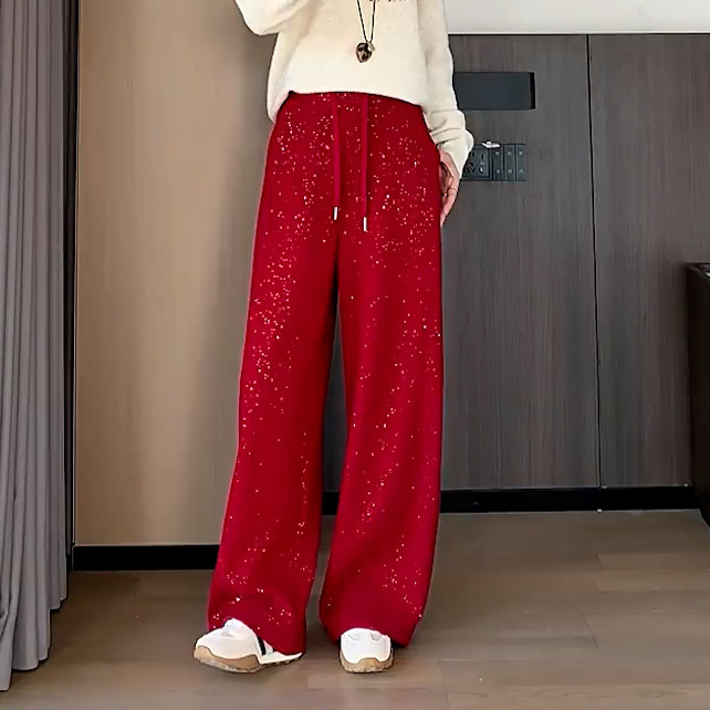 春季新款红色阔腿弯刀裤子女减龄显瘦宽松亮片抽绳休闲运动卫裤,女装/女士精品,大码裤装,淘宝优惠券,粉丝福利购,淘宝优惠卷