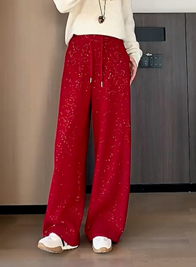 春季新款红色阔腿弯刀裤子女减龄显瘦宽松亮片抽绳休闲运动卫裤