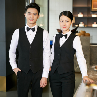 酒店西餐厅服务员工作服秋冬装男女荷官黑马甲白衬衫长袖餐饮饭店