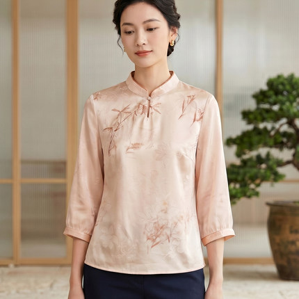 2026款杭州真丝新中式风真丝印花七分袖立领上衣女气质洋气妈妈装