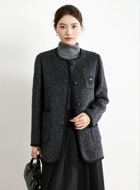 2025秋冬季新款时尚百搭圆领单排扣短款双面呢小个子外套女15807