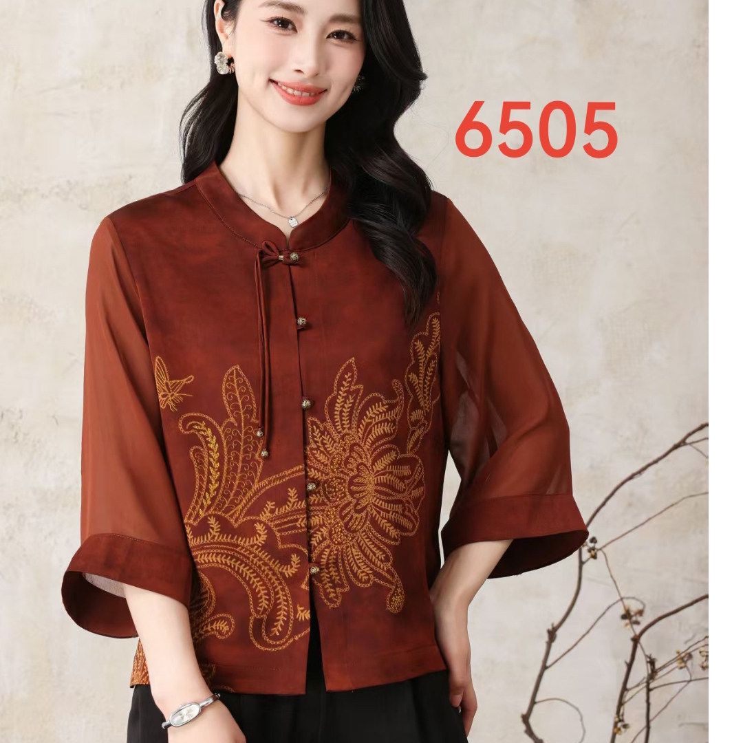 2024新款夏装印花立领盘扣杭州真丝衬衫女装新款妈妈开衫上衣薄款