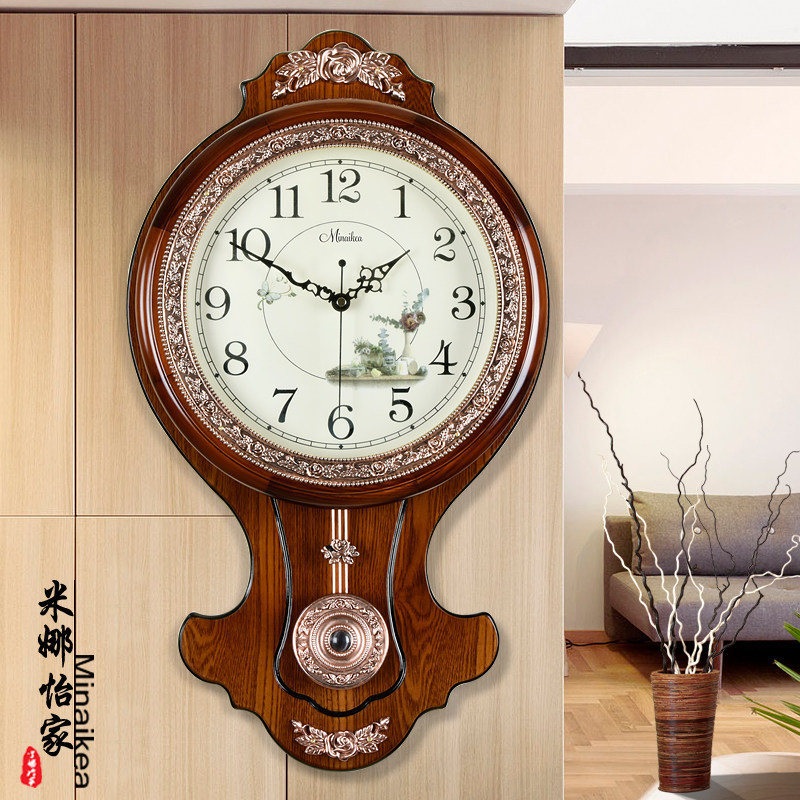 欧式仿古实木挂钟现代摇摆创意大号客厅静音石英钟表时尚田园简约