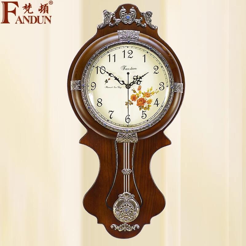 欧式实木仿古挂钟客厅大号静音石英钟表时尚创意田园简约摇摆时钟