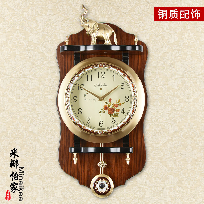 欧式仿古实木挂钟创意大号客厅摇摆挂钟田园静音黄铜壁挂石英钟表