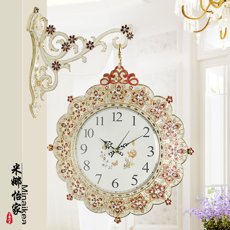 韩式时尚双面挂钟现代客厅大号静音时钟简约创意田园金属石英钟表