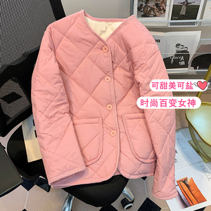 粉色棉服女甜美圆领小香风外套女2023秋冬轻薄保暖透气无领棉衣