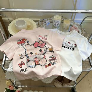 女童夏装纯棉短袖T恤2026新款网红卡通凯蒂猫印花儿童时髦上衣服