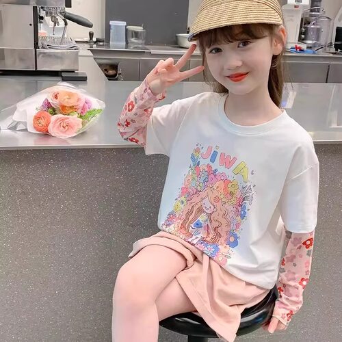女童春夏防晒网纱短袖卡通T恤