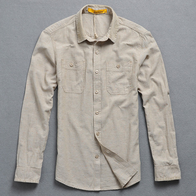 【175码】Dandy 男装时尚穿刺韩版修身 男士纯色棉麻长袖休闲衬衫