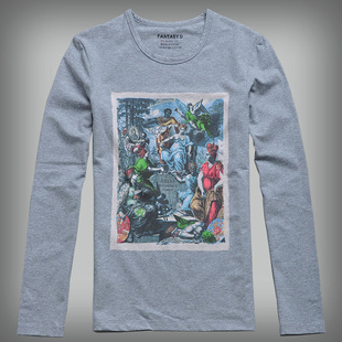 秋季 时尚 休闲进口PIMA纯棉印花潮 圆领长袖 男装 男士 T恤 175码