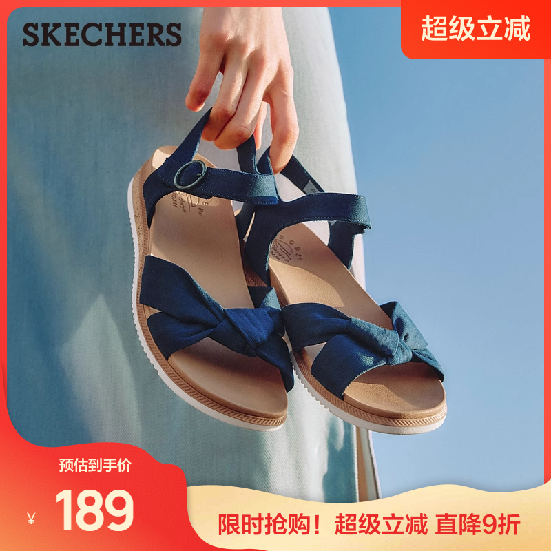 斯凯奇女蝴蝶结时尚凉鞋2025新款夏季休闲沙滩鞋简约百搭平底凉拖