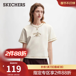 斯凯奇春季新款女款宽松针织短袖T恤棉感面料前胸印花休闲上衣