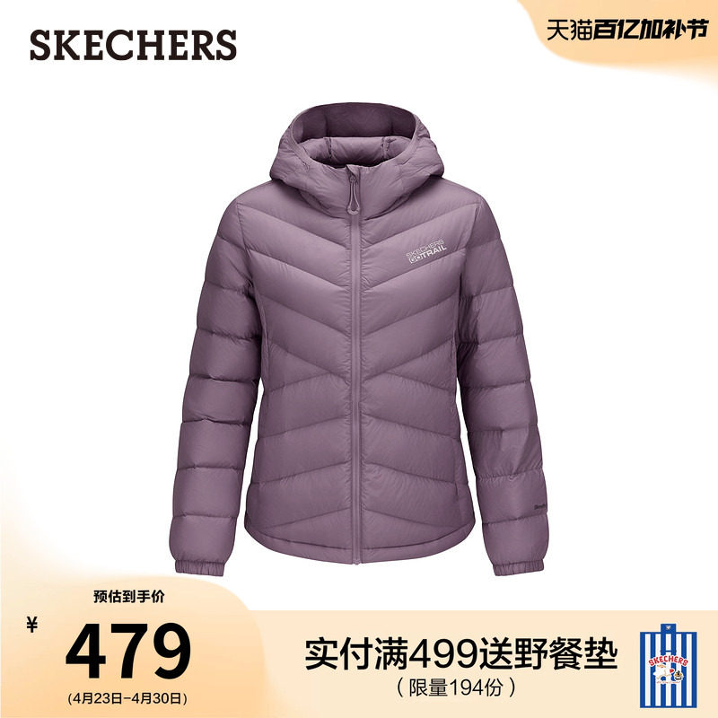 斯凯奇流行女款短款羽绒服外套连帽保暖户外休闲运动夹克衫