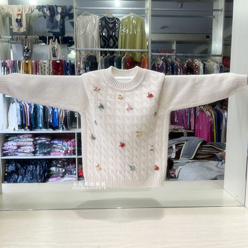 康赛妮女童100纯山羊绒毛衣手工绣花新款儿童羊绒衫女孩针织衫厚