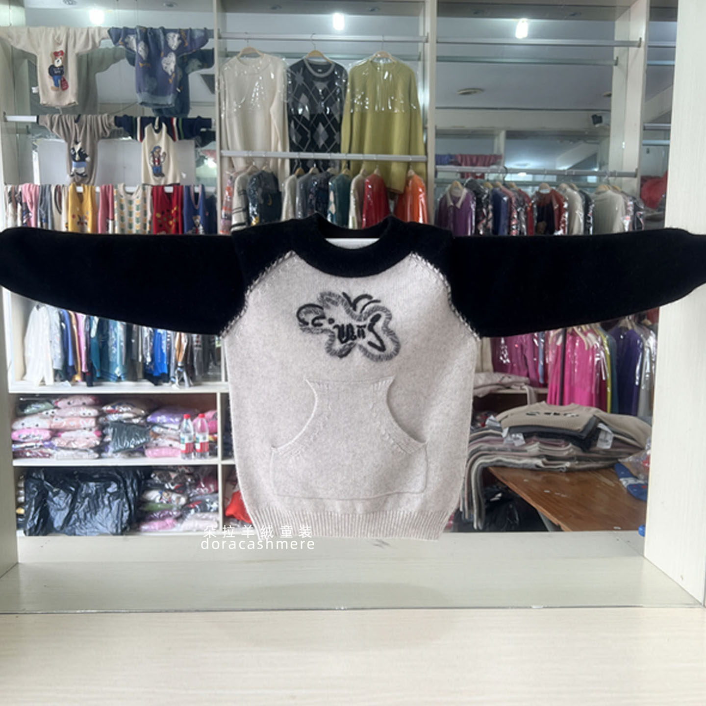 儿童纯山羊绒衫男童毛衣刺绣口袋针织童装女童羊毛打底衫圆领上衣