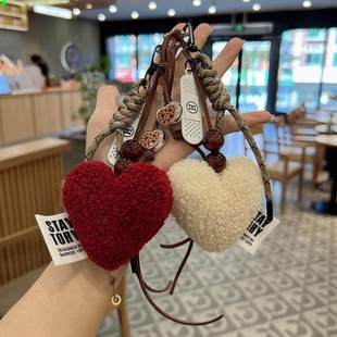 韩国毛绒爱心手编绳包包挂件豹纹配件汽车钥匙扣挂饰礼物吊坠潮