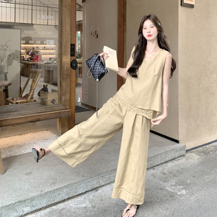 女装夏装套装2026新款女士时尚减龄拼色蕾丝无袖上衣阔腿裤两件套