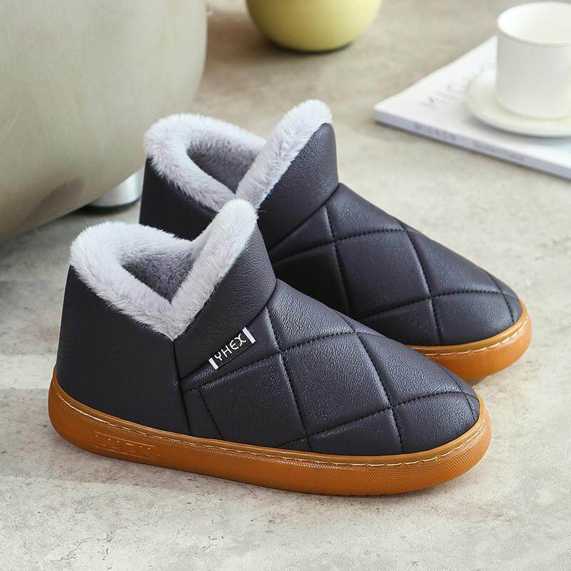 冬季包跟棉拖鞋加厚底防滑防水pu皮面男女士家居室内加绒保暖棉鞋