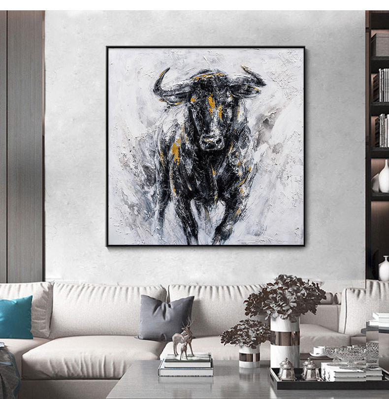 手绘油画玄关装饰画简约现代抽象餐厅卧室床头挂画客厅壁画动物牛
