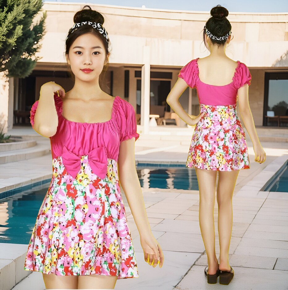 陶阳泳衣平角性感裙摆遮肚显瘦连体无钢托泳装运动大码游泳衣女