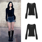 现货aespa柳智敏同款 韩国BEDEVIL复古长袖 T恤女秋V领显瘦辣妹上衣