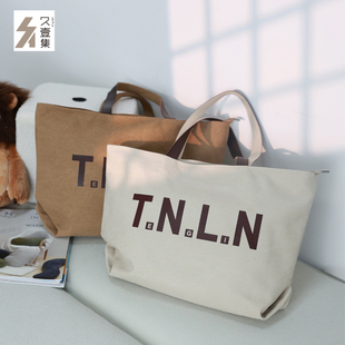 出口日系大容量字母包百搭托特包通勤高级感拉链封口帆布包