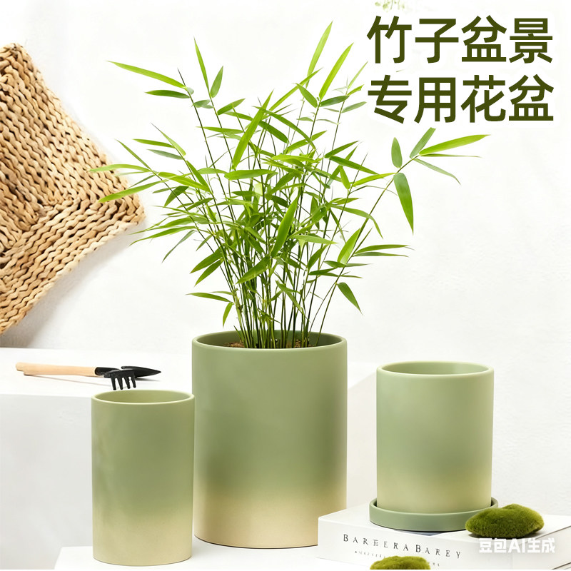 竹子盆景专用花盆绿色陶瓷好看的带托盘吸水透气绿植花卉虎皮兰盆