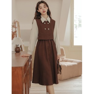 领收腰中长裙 法式 英伦风假两件气质连衣裙女秋季 新款 复古文艺衬衫