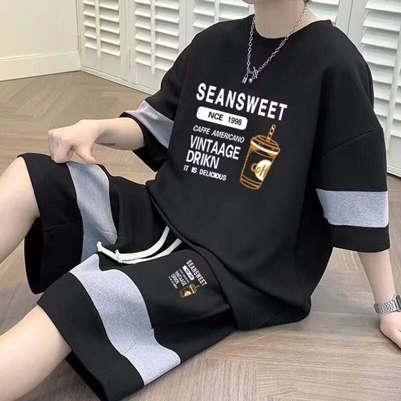 夏季休闲套装男学生华夫格短袖t恤大码青少年潮流宽松运动五分裤,男装,休闲运动套装,淘宝优惠券,粉丝福利购,淘宝优惠卷