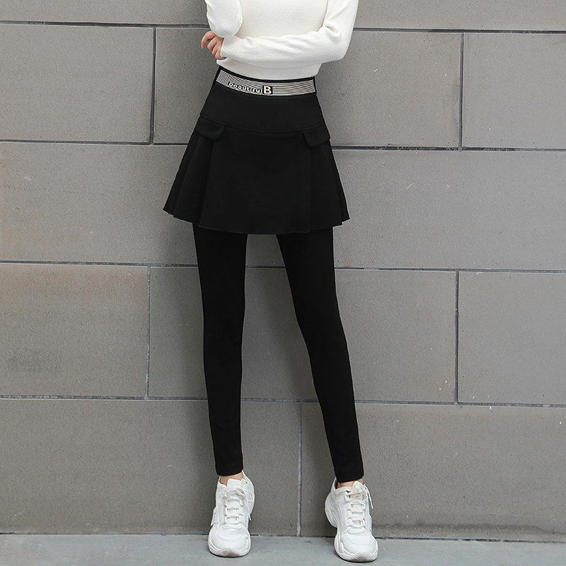 假两件打底裤裙2021秋冬大码女裤条纹字母一体打底裤外穿弹力长裤