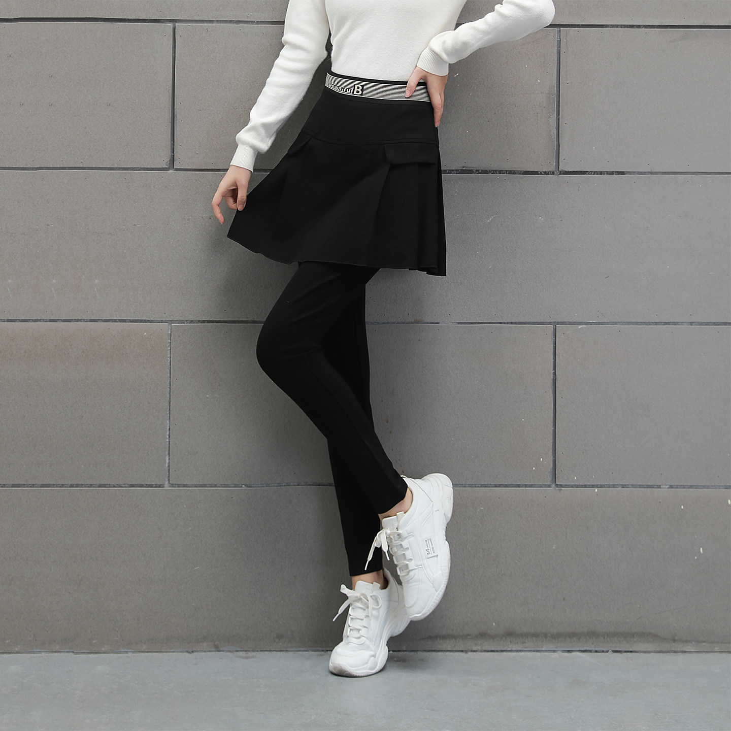 女裤秋冬加绒假两件打底裤外穿2025新款休闲条纹松紧腰紧身长裤子