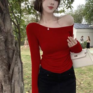 修身 甜辣性感露肩打底衫 显瘦斜肩设计感上衣 T恤女春季 一字肩长袖