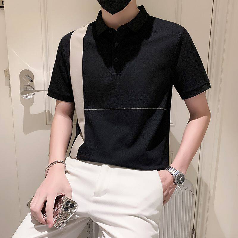 2024 NEW POLO SHIRT MENS SHORT SLEEVE SUMMER KOREAN VERSION FASHION COLOR-BLOCK STRIP SLIM HANDSOME INTERNET CELEBRITY THE SAME LAPEL